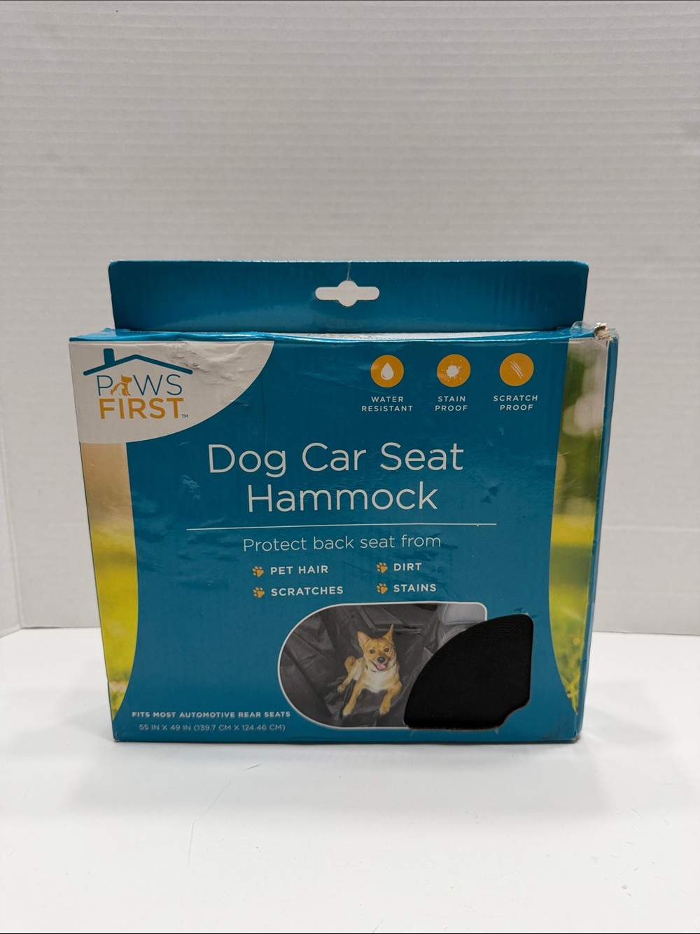 Paws First Dog Car Seat Hammock - Teal & White Packaging
